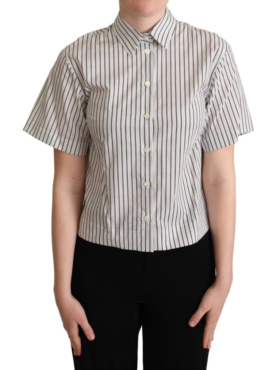 Women Dolce & Gabbana Women'S Shirts | Dolce & Gabbana White Black Striped Collared Shirt