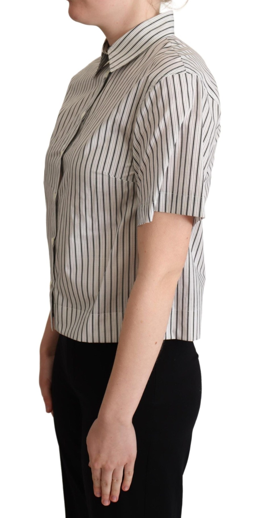 Women Dolce & Gabbana Women'S Shirts | Dolce & Gabbana White Black Striped Collared Shirt