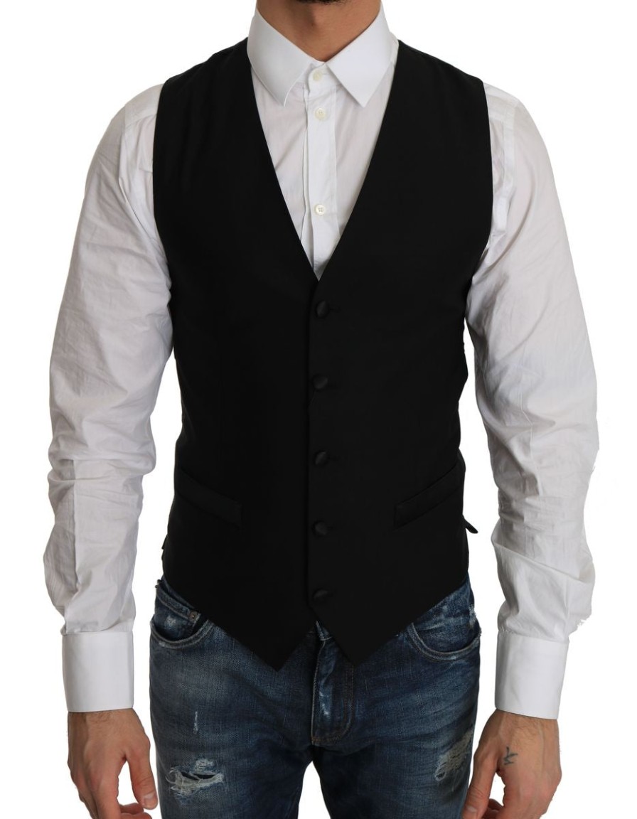 Men Dolce & Gabbana Men'S Vests | Dolce & Gabbana Black Wool Dress Waistcoat