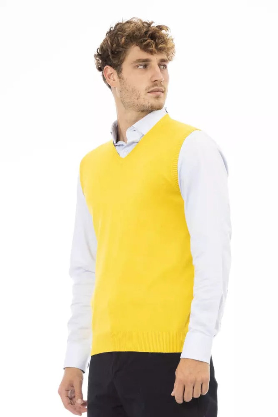 Men Alpha Studio Men'S Vests | Alpha Studio Elegant V-Neckline Yellow Vest For Men