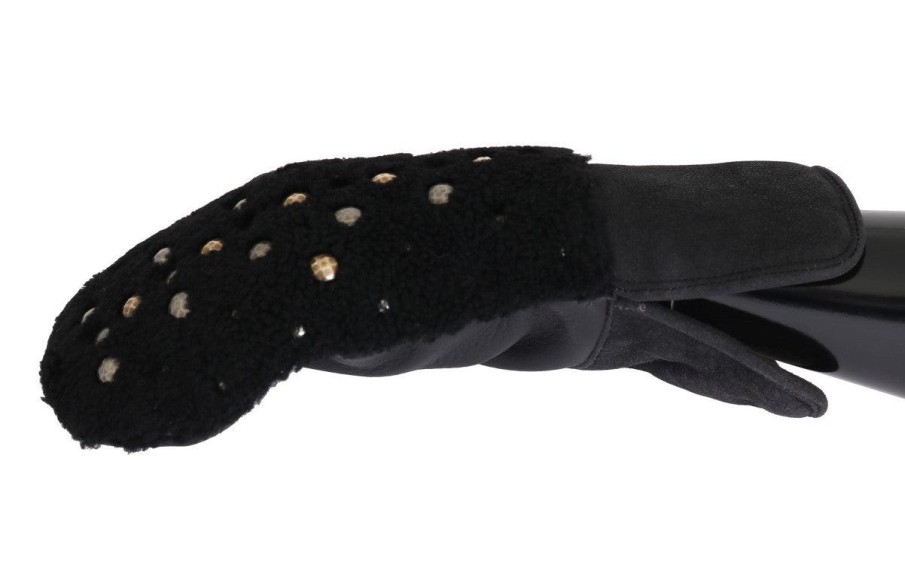 Men Dolce & Gabbana Men'S Gloves | Dolce & Gabbana Black Leather Shearling Studded Gloves