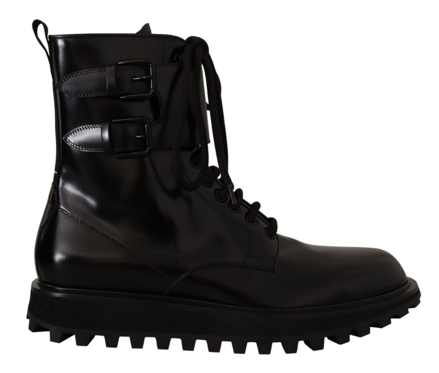 Men Dolce & Gabbana Men'S Boots | Dolce & Gabbana Black Leather Combat Lace Up Mens Boots Shoes