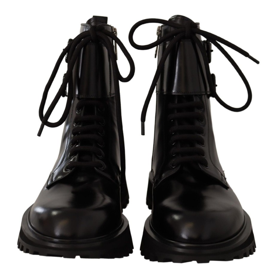 Men Dolce & Gabbana Men'S Boots | Dolce & Gabbana Black Leather Combat Lace Up Mens Boots Shoes