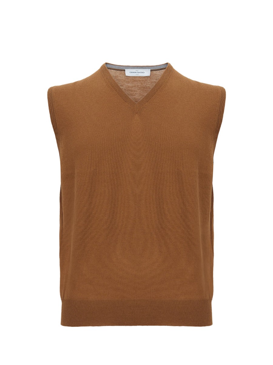 Men Gran Sasso Men'S Vests | Gran Sasso Brown Wool V-Neck Vest