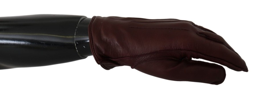 Women Dolce & Gabbana Women'S Gloves | Dolce & Gabbana Maroon Wrist Length Mitten Leather Gloves