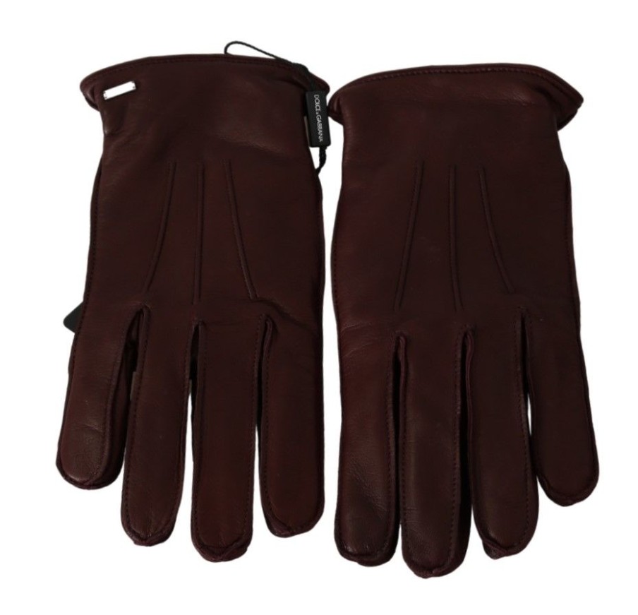 Women Dolce & Gabbana Women'S Gloves | Dolce & Gabbana Maroon Wrist Length Mitten Leather Gloves