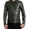 Men Dolce & Gabbana Men'S Jackets | Dolce & Gabbana Green Leather Collared Biker Full Zip Jacket