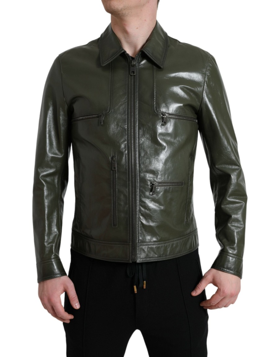 Men Dolce & Gabbana Men'S Jackets | Dolce & Gabbana Green Leather Collared Biker Full Zip Jacket