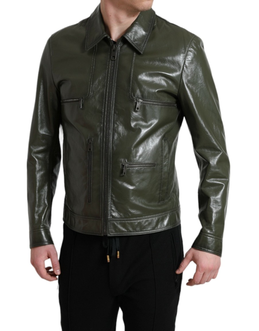 Men Dolce & Gabbana Men'S Jackets | Dolce & Gabbana Green Leather Collared Biker Full Zip Jacket