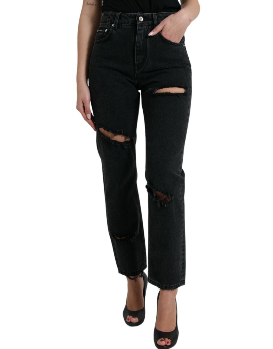 Women Dolce & Gabbana Women'S Pants & Jeans | Dolce & Gabbana Black Cotton High Waist Tattered Denim Jeans