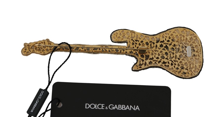 Women Dolce & Gabbana Women'S Brooches | Dolce & Gabbana Gold Brass Beaded Guitar Pin Accessory Brooch