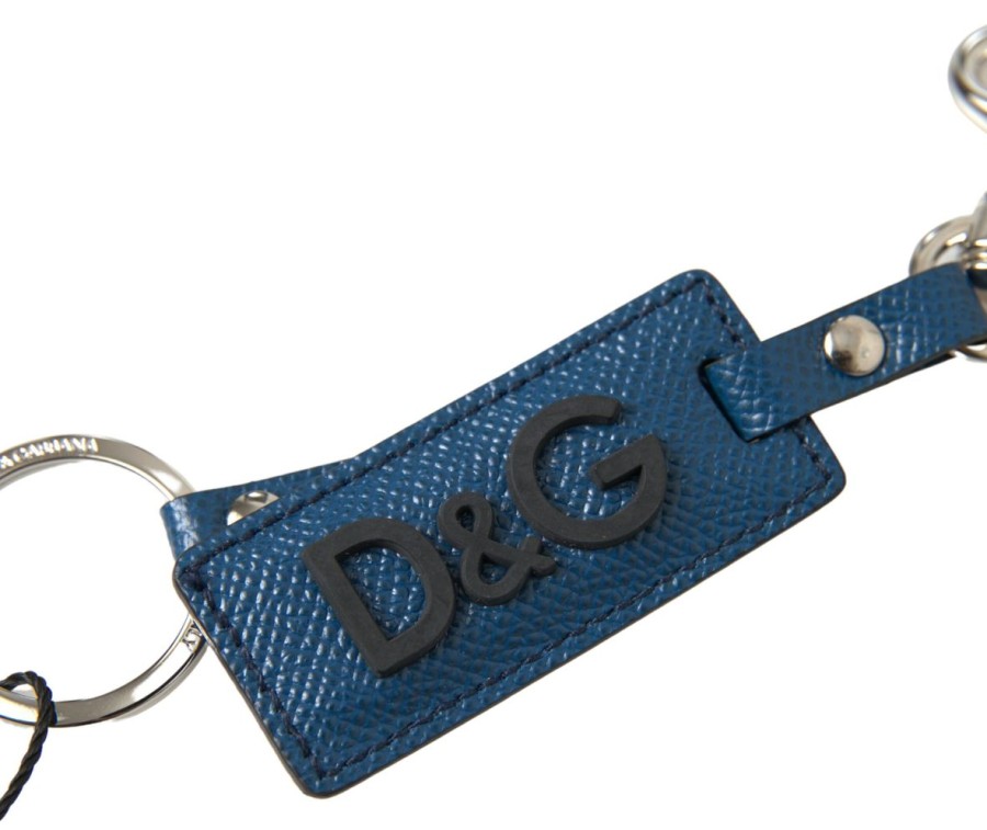 Women Dolce & Gabbana Women'S Keychains | Dolce & Gabbana Blue Leather Dg Logo Silver Tone Metal Keychain