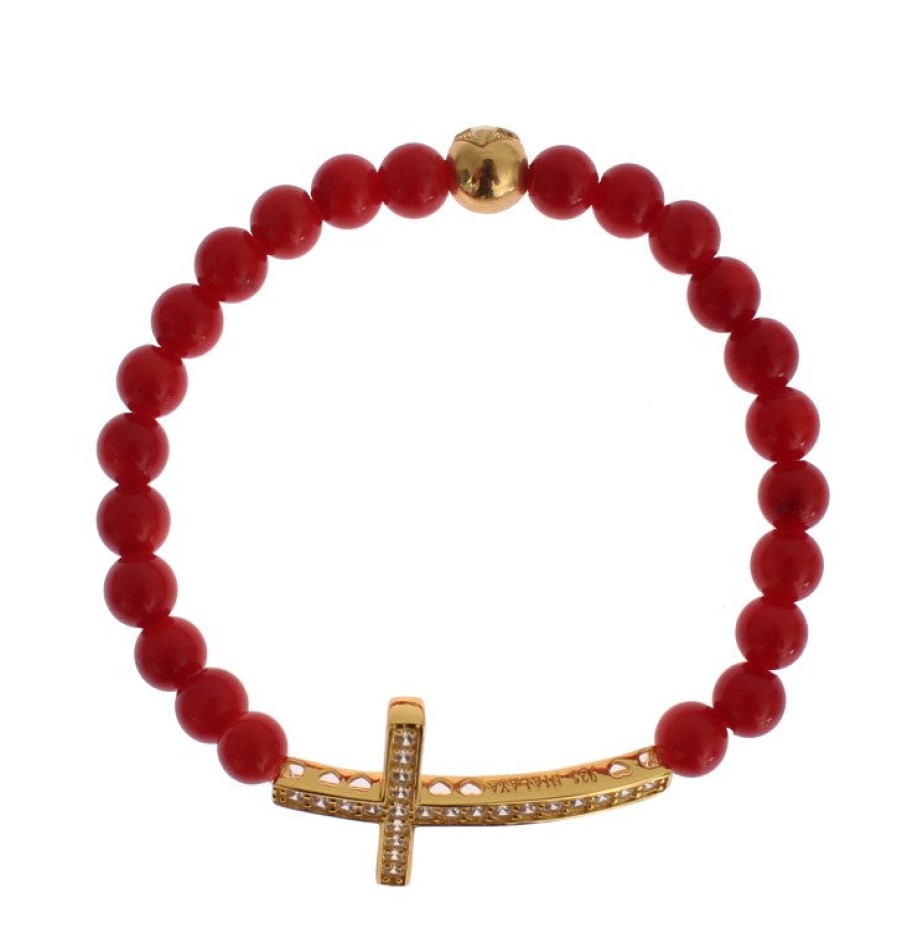 Women Nialaya Women'S Bracelets | Nialaya Red Coral Gold Cz Cross 925 Silver Bracelet