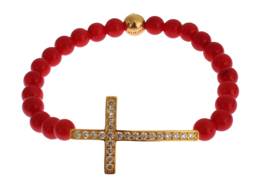 Women Nialaya Women'S Bracelets | Nialaya Red Coral Gold Cz Cross 925 Silver Bracelet