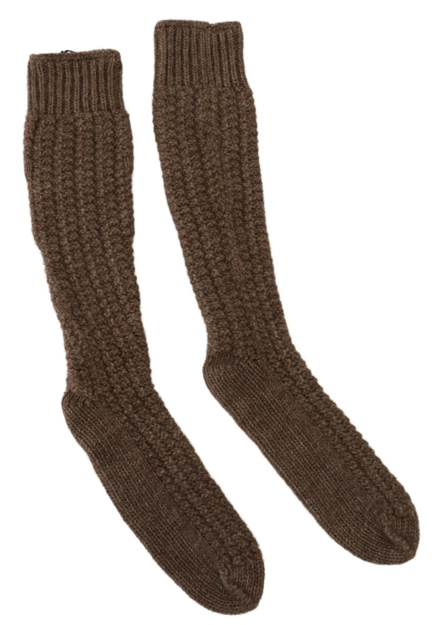 Women Dolce & Gabbana Women'S Tights And Socks | Dolce & Gabbana Brown Wool Knit Calf Long Women Socks