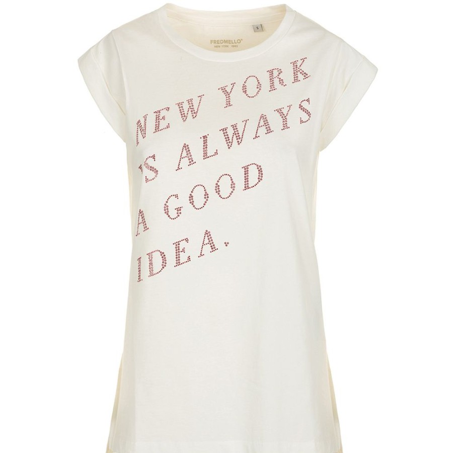 Women Fred Mello Women'S Tops & T-Shirts | Fred Mello Chic Rhinestone Embellished White Tee