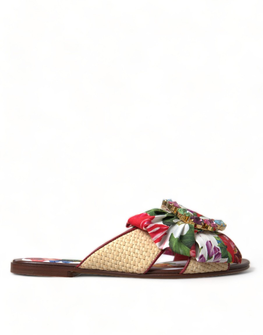 Women Dolce & Gabbana Women'S Flat Shoes | Dolce & Gabbana Multicolor Floral Flats Crystal Sandals Shoes