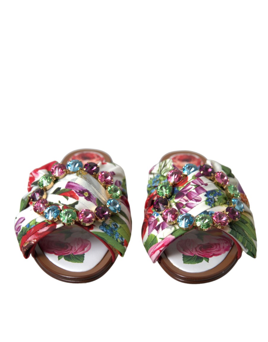 Women Dolce & Gabbana Women'S Flat Shoes | Dolce & Gabbana Multicolor Floral Flats Crystal Sandals Shoes