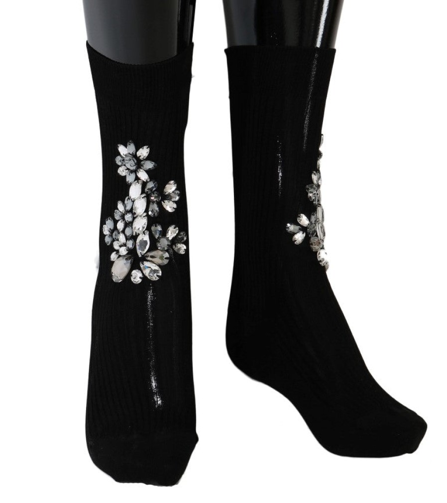 Women Dolce & Gabbana Women'S Tights And Socks | Dolce & Gabbana Black Knitted Floral Clear Crystal Socks