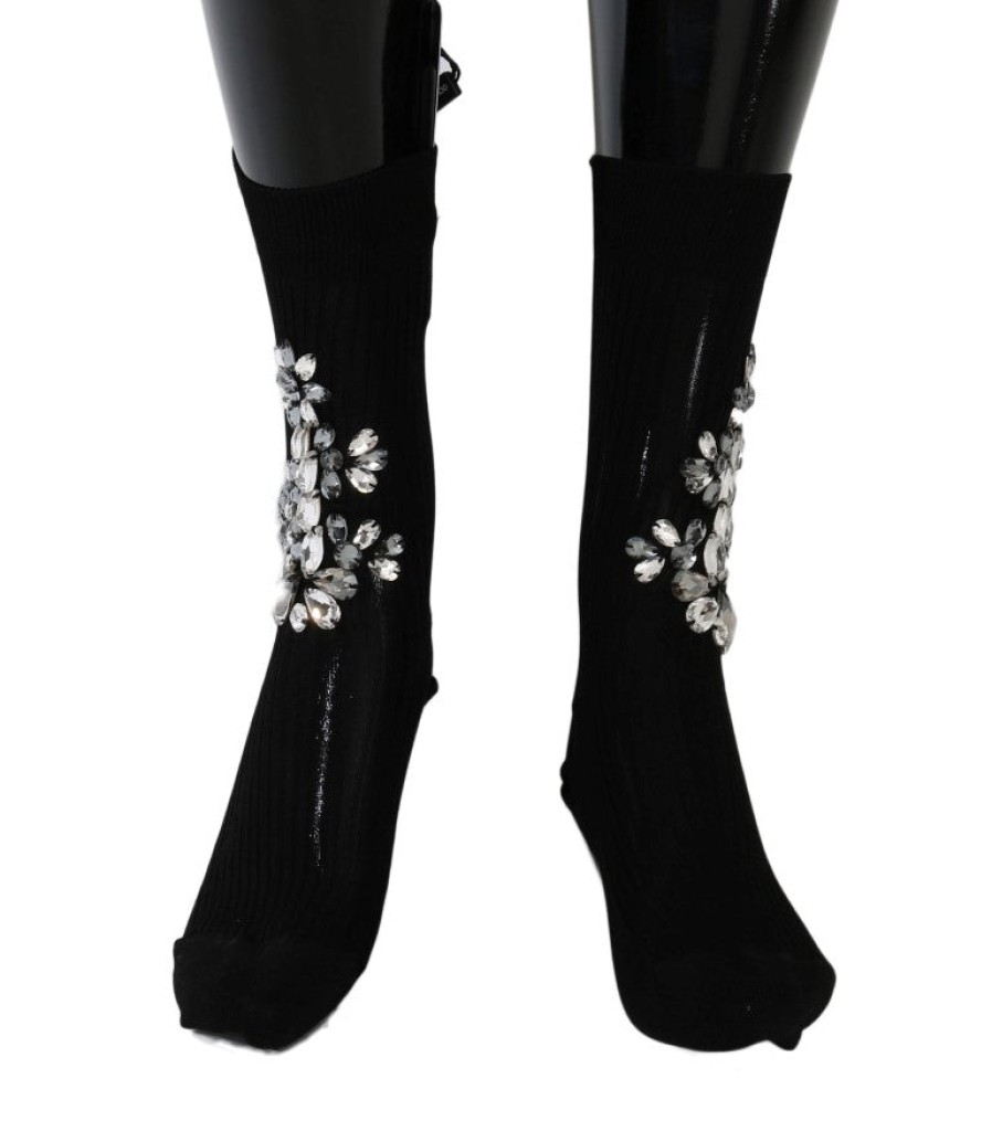 Women Dolce & Gabbana Women'S Tights And Socks | Dolce & Gabbana Black Knitted Floral Clear Crystal Socks