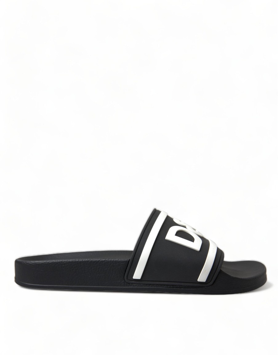 Men Dolce & Gabbana Men'S Slide Sandals | Dolce & Gabbana Black Rubber Sandals Slippers Beachwear Men Shoes