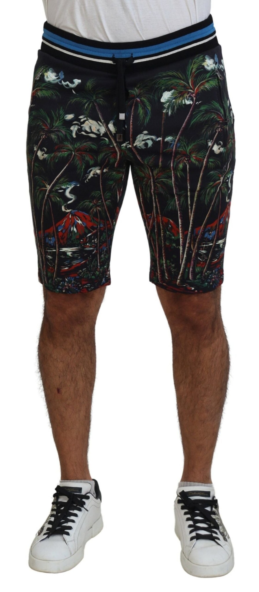 Men Dolce & Gabbana Men'S Shorts | Dolce & Gabbana Black Cotton Volcano Print Casual Shorts