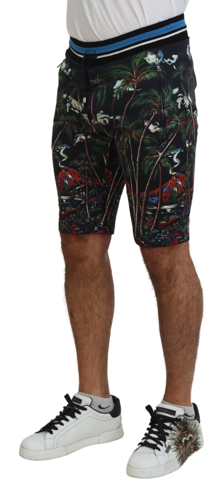 Men Dolce & Gabbana Men'S Shorts | Dolce & Gabbana Black Cotton Volcano Print Casual Shorts