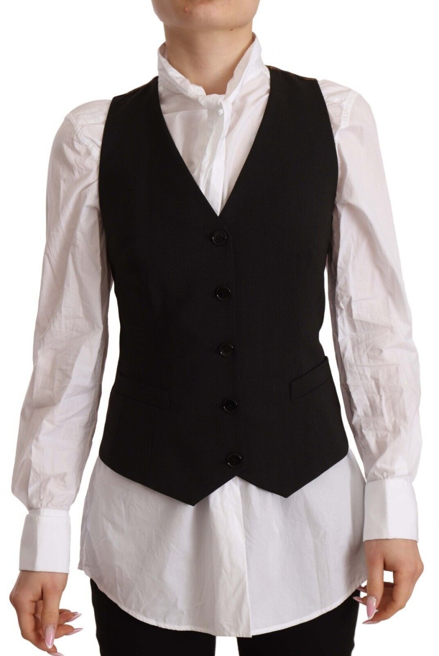 Women Dolce & Gabbana Women'S Vest | Dolce & Gabbana Black Button Down Sleeveless Vest Polyester Top