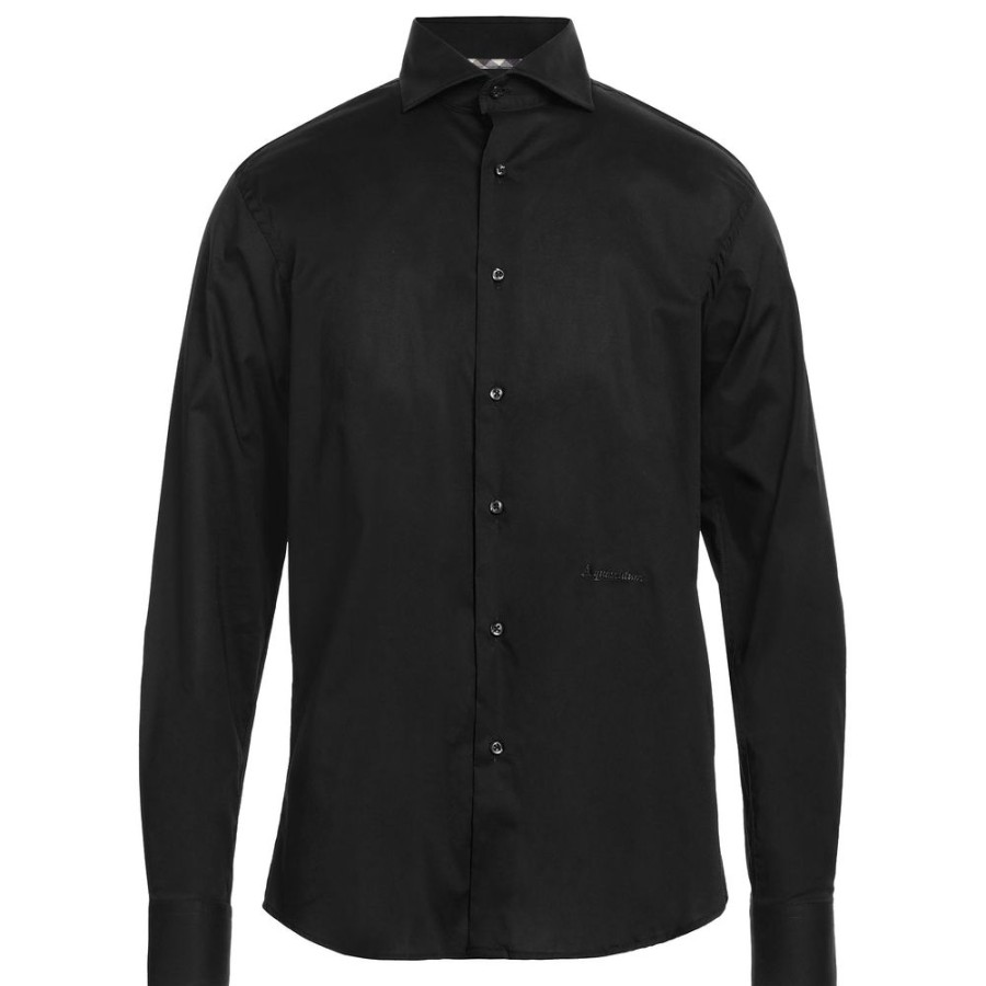 Men Aquascutum Men'S Shirts | Aquascutum Elegant Black Cotton Shirt With Side Logo Embroidery