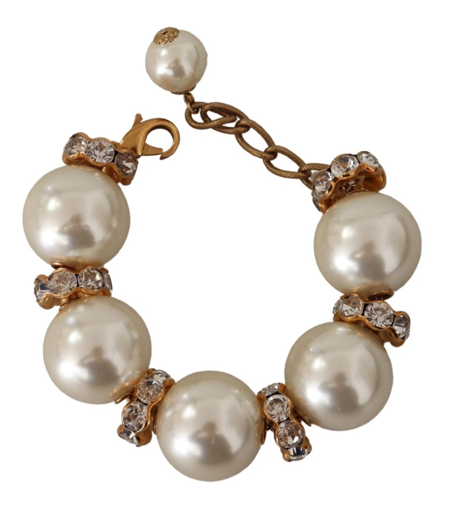 Women Dolce & Gabbana Women'S Bracelets | Dolce & Gabbana Gold Tone Brass Crystal Maxi Pearl Embellished Bracele