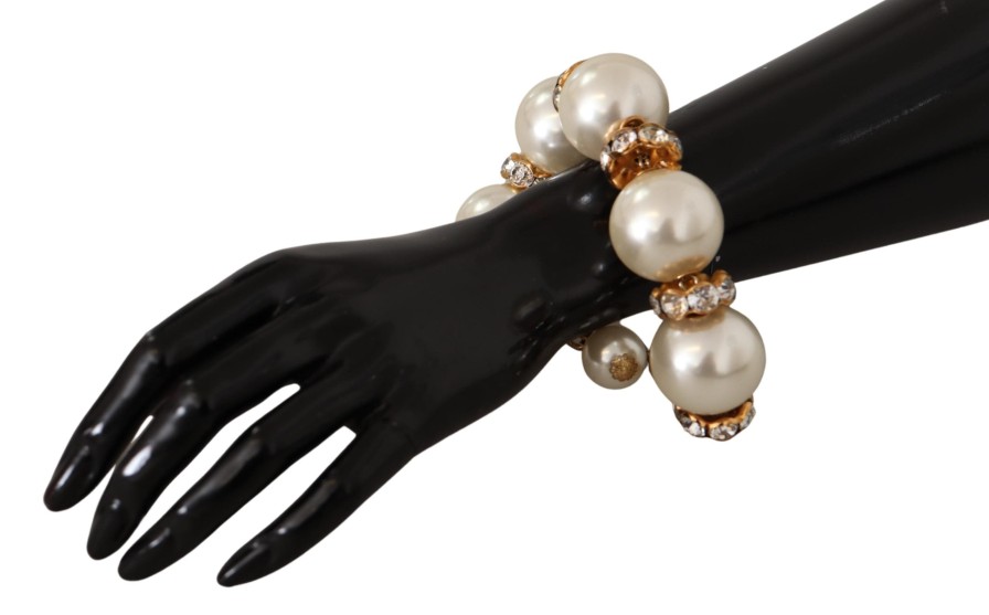 Women Dolce & Gabbana Women'S Bracelets | Dolce & Gabbana Gold Tone Brass Crystal Maxi Pearl Embellished Bracele