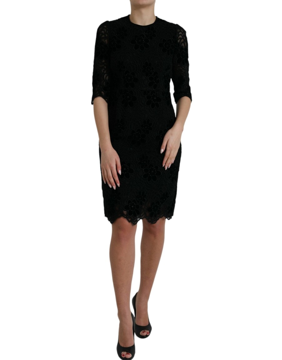 Women Dolce & Gabbana Women'S Dresses | Dolce & Gabbana Black Floral Lace Cotton Bodycon Dress