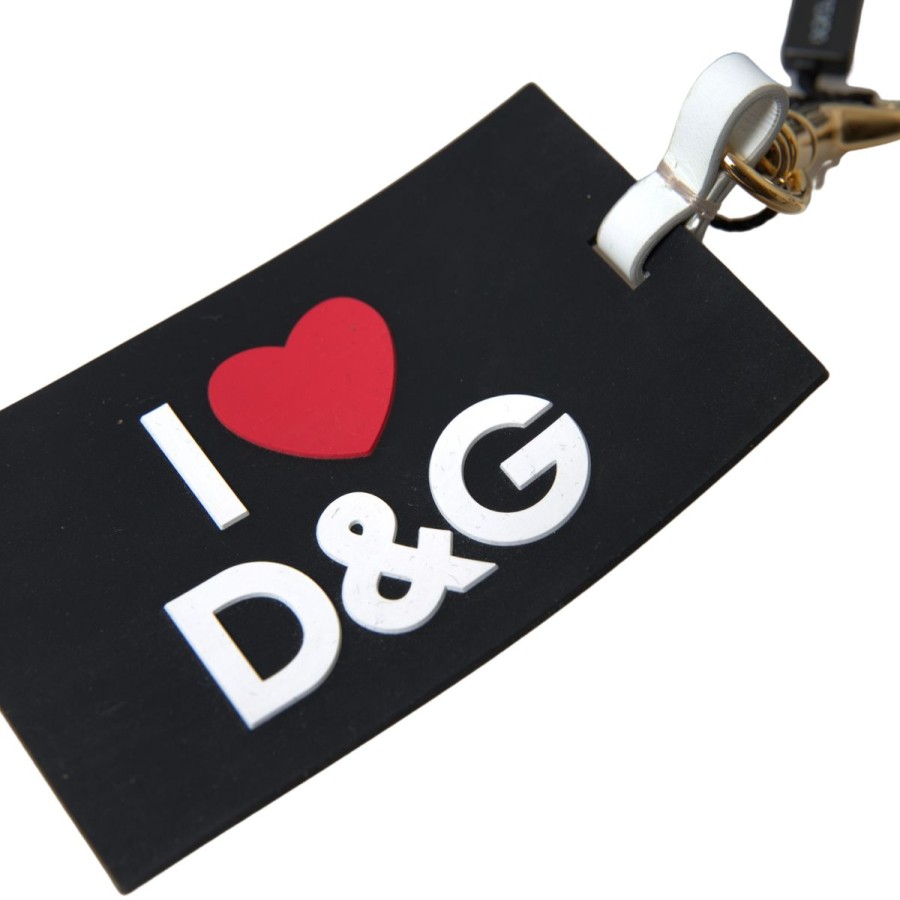 Women Dolce & Gabbana Women'S Keychains | Dolce & Gabbana Black Silicone Dg Logo Gold Brass Keychain