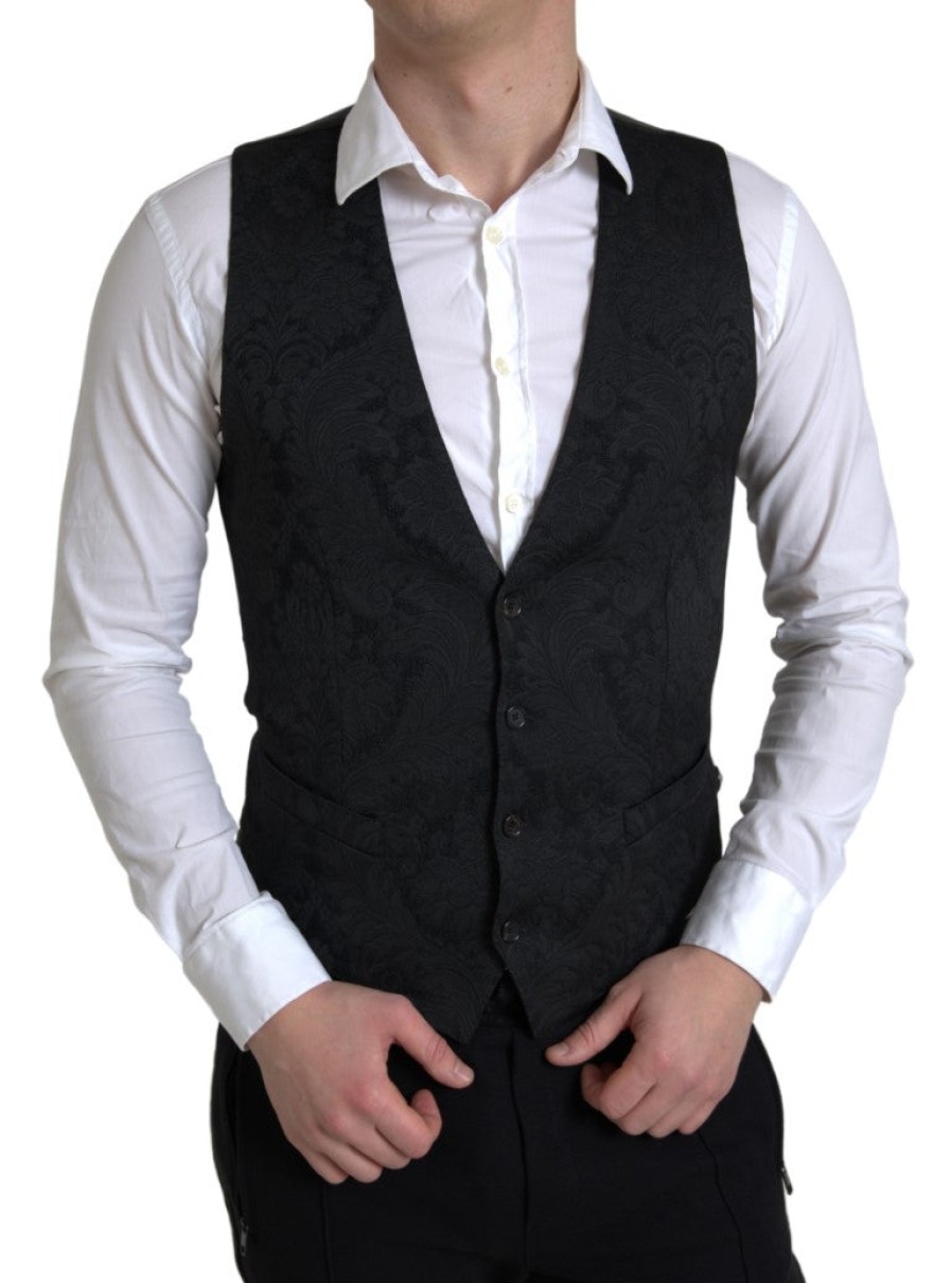 Men Dolce & Gabbana Men'S Vests | Dolce & Gabbana Black Polyester Waistcoat Formal Men Vest