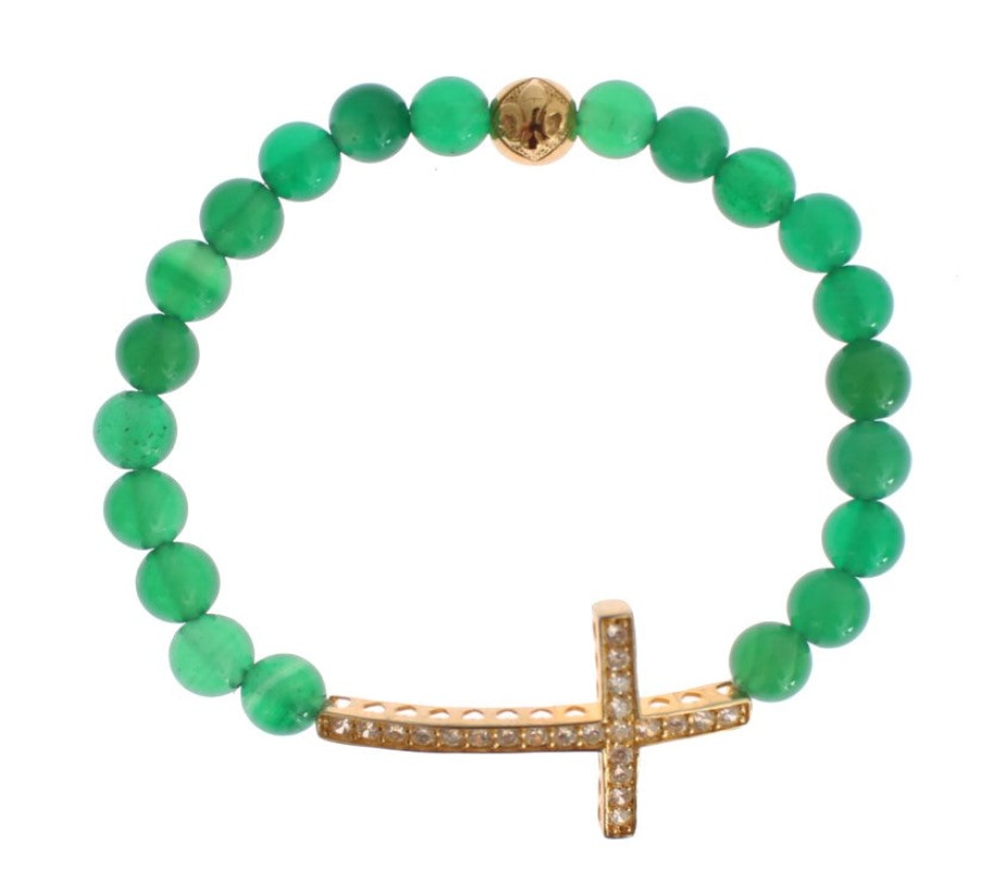 Women Nialaya Women'S Bracelets | Nialaya Jade Stone Gold Cz Cross 925 Silver Bracelet