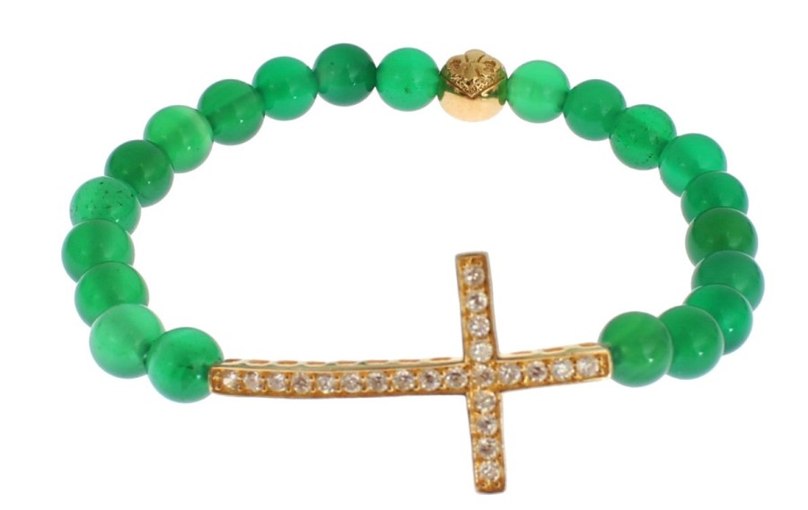 Women Nialaya Women'S Bracelets | Nialaya Jade Stone Gold Cz Cross 925 Silver Bracelet