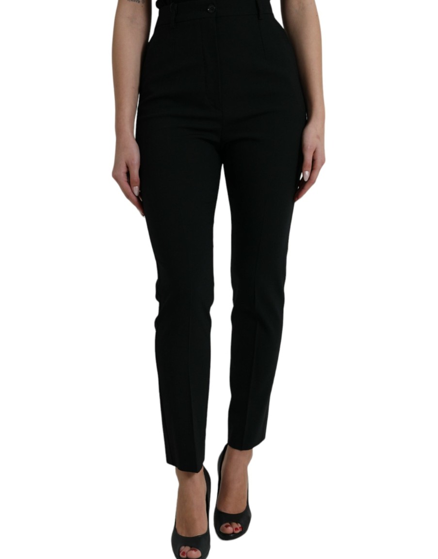 Women Dolce & Gabbana Women'S Pants & Jeans | Dolce & Gabbana Black Wool High Waist Tapered Pants