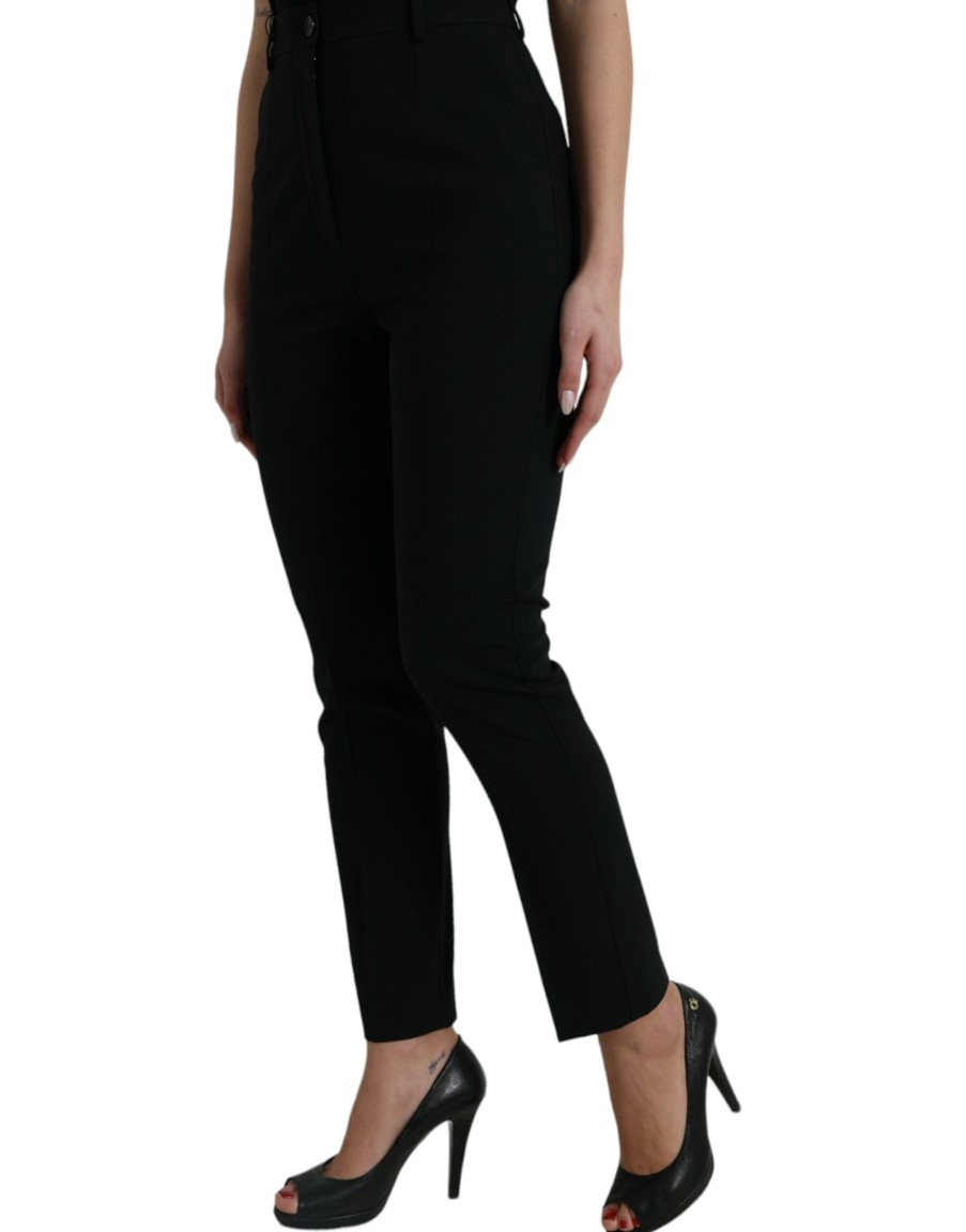 Women Dolce & Gabbana Women'S Pants & Jeans | Dolce & Gabbana Black Wool High Waist Tapered Pants