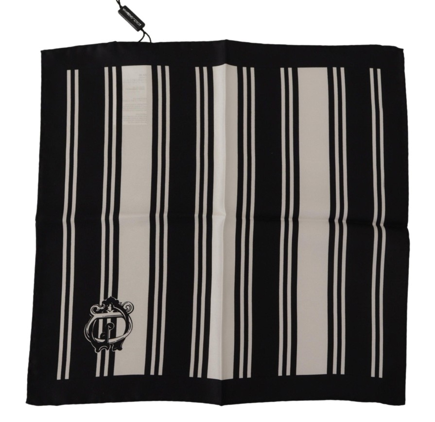 Men Dolce & Gabbana Men'S Handkerchief | Dolce & Gabbana Black Silk Striped Dg Logo Print Square Handkerchief S