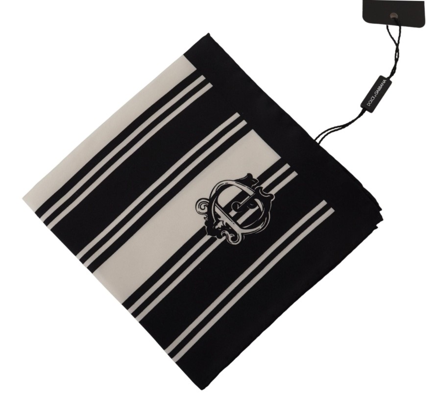 Men Dolce & Gabbana Men'S Handkerchief | Dolce & Gabbana Black Silk Striped Dg Logo Print Square Handkerchief S