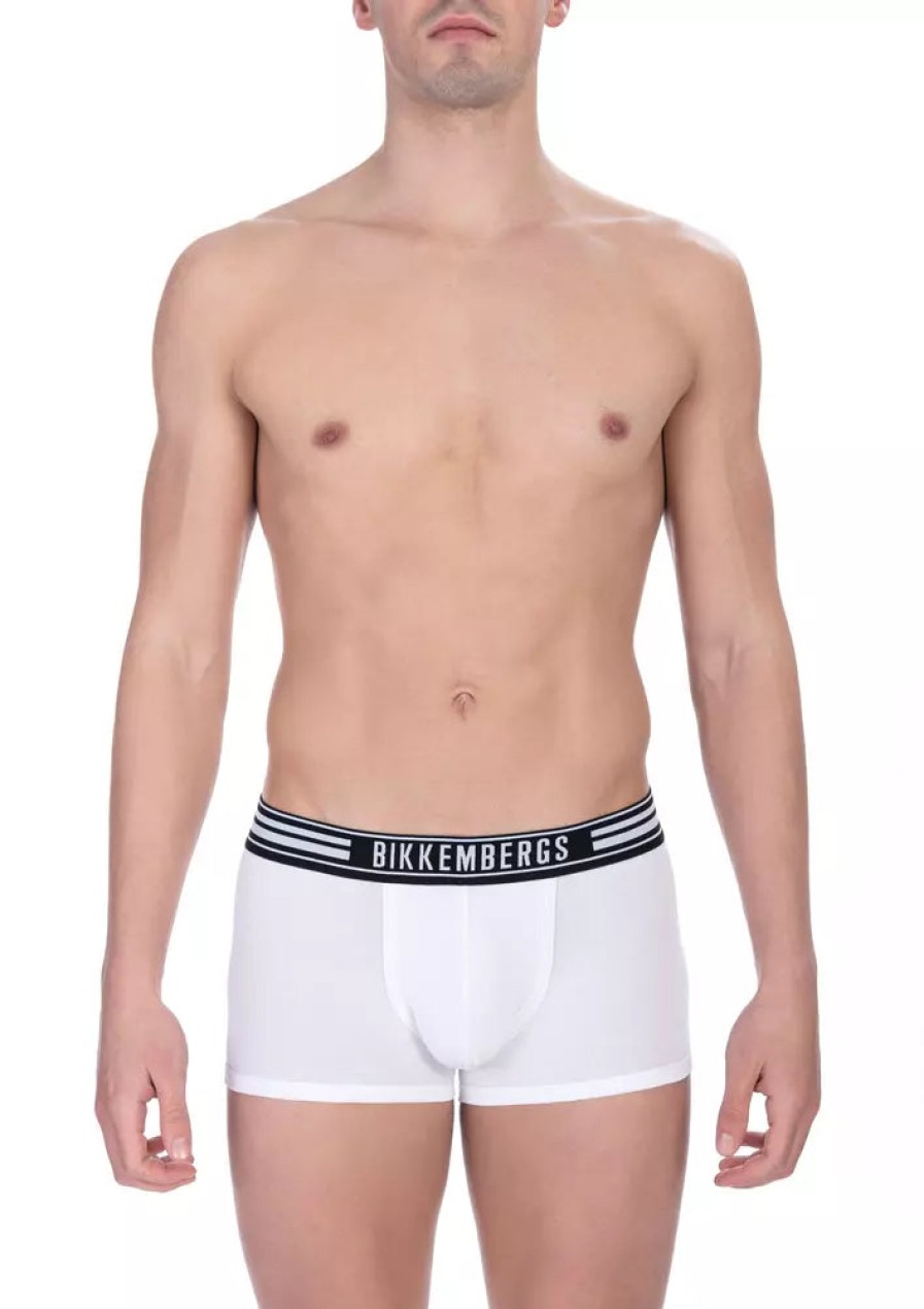 Men Bikkembergs Men'S Underwear | Bikkembergs Sleek White Cotton Blend Trunks Bi-Pack