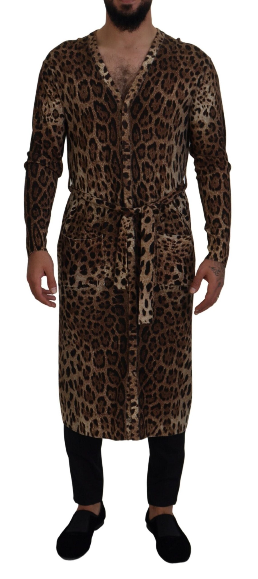 Men Dolce & Gabbana Men'S Sleepwear | Dolce & Gabbana Brown Leopard Wool Robe Cardigan Sweater