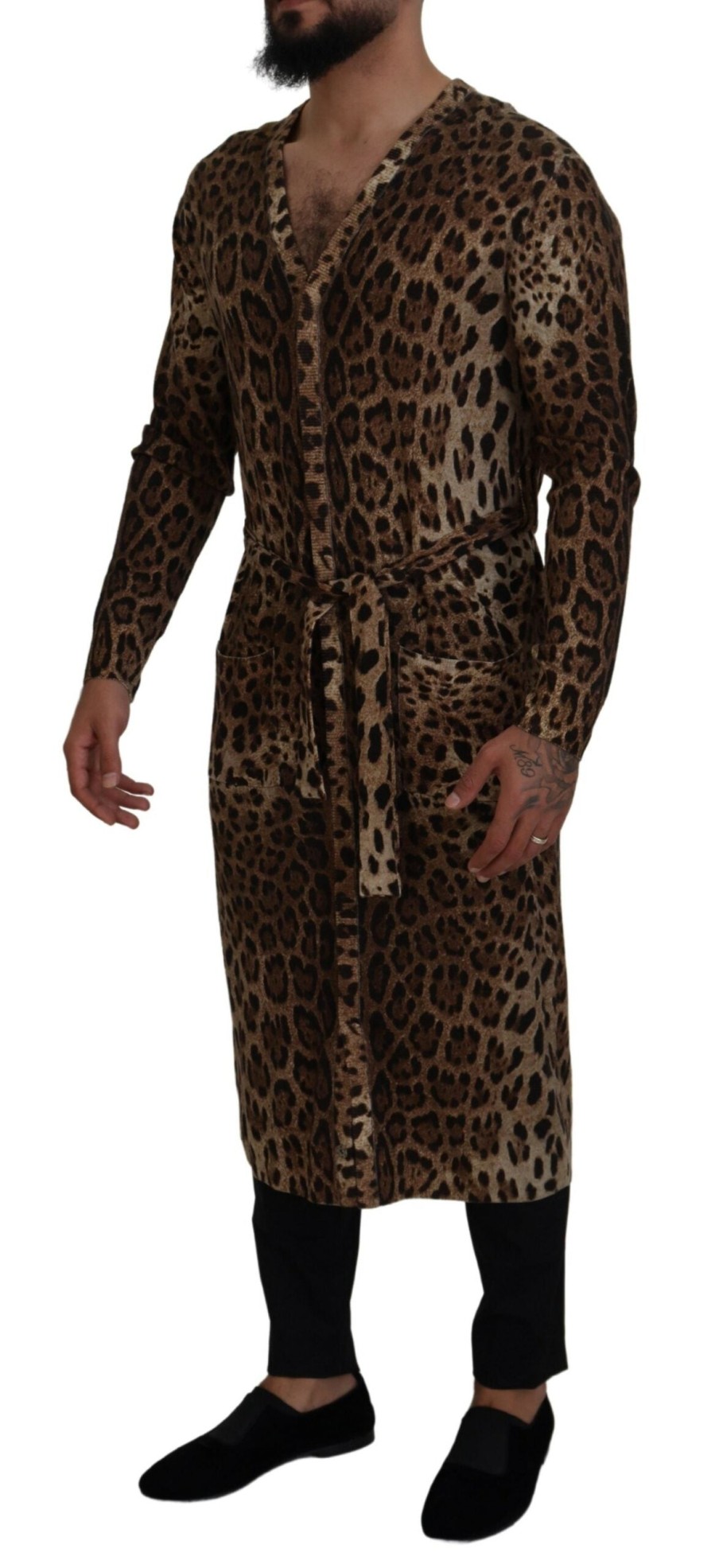 Men Dolce & Gabbana Men'S Sleepwear | Dolce & Gabbana Brown Leopard Wool Robe Cardigan Sweater