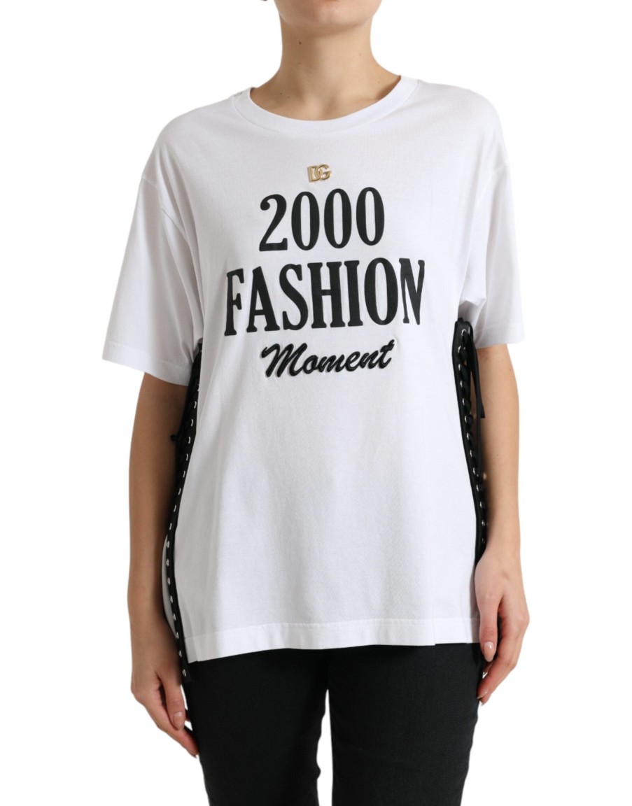 Women Dolce & Gabbana Women'S Tops & T-Shirts | Dolce & Gabbana White Slogan Print Lacing Detailed T-Shirt