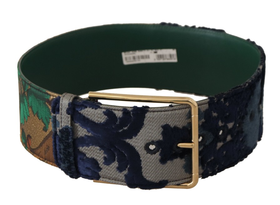 Women Dolce & Gabbana Women'S Belts | Dolce & Gabbana Green Jacquard Embroid Leather Gold Metal Buckle Belt