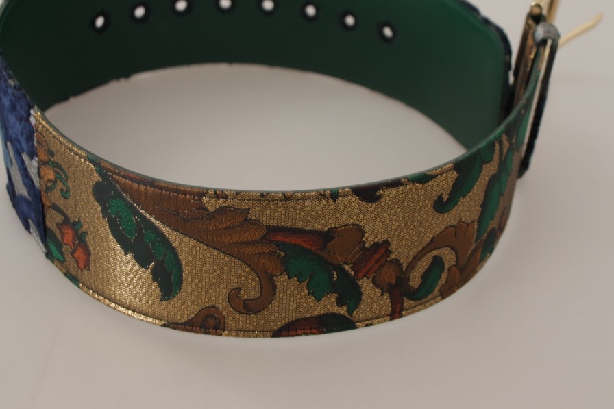 Women Dolce & Gabbana Women'S Belts | Dolce & Gabbana Green Jacquard Embroid Leather Gold Metal Buckle Belt