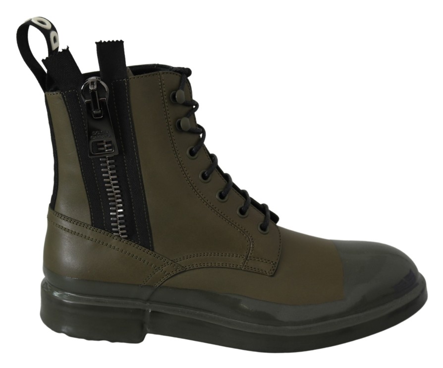 Men Dolce & Gabbana Men'S Boots | Dolce & Gabbana Green Leather Boots Zipper Mens Shoes