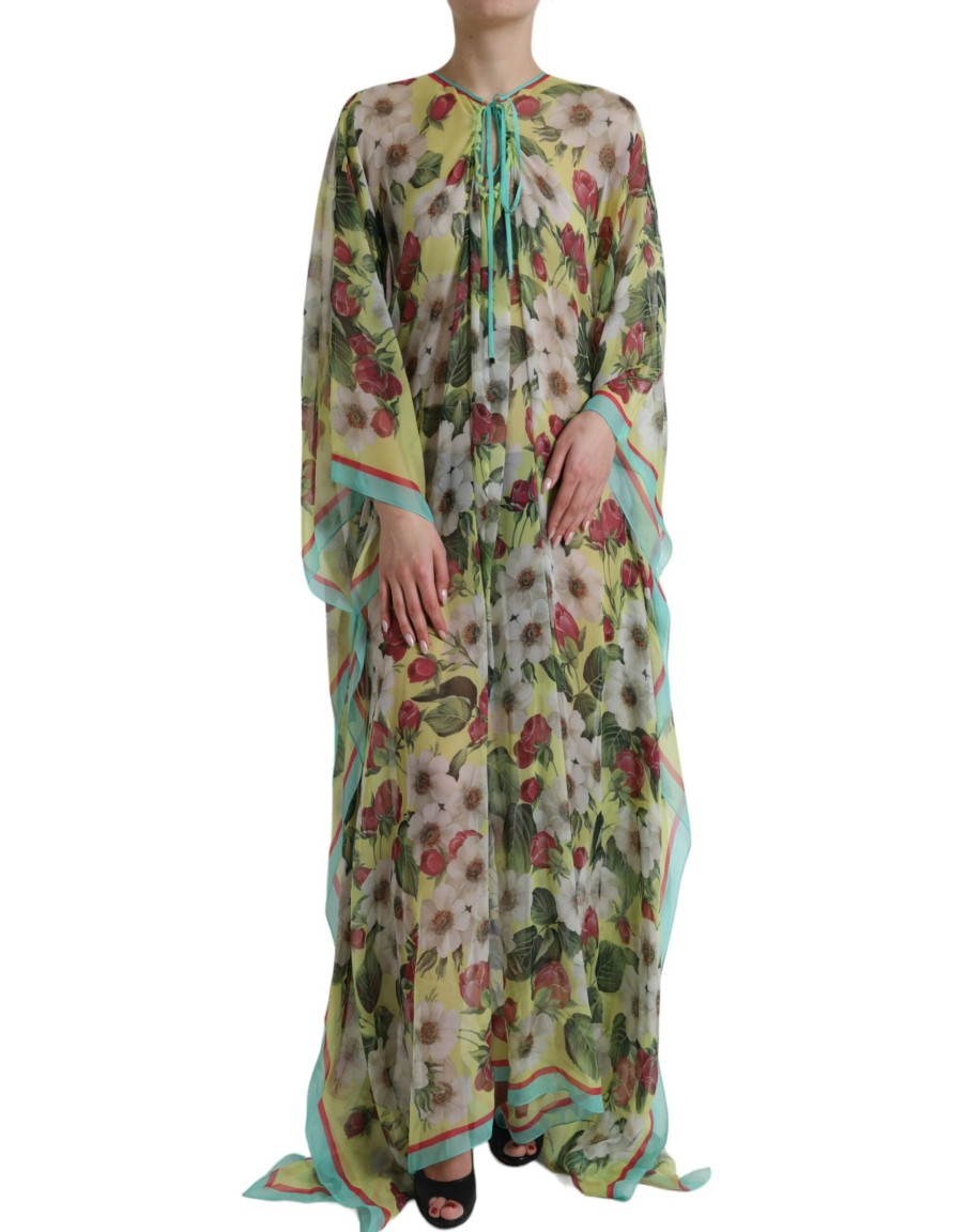 Women Dolce & Gabbana Women'S Dresses | Dolce & Gabbana Multicolor Floral Silk Kaftan Maxi Dress