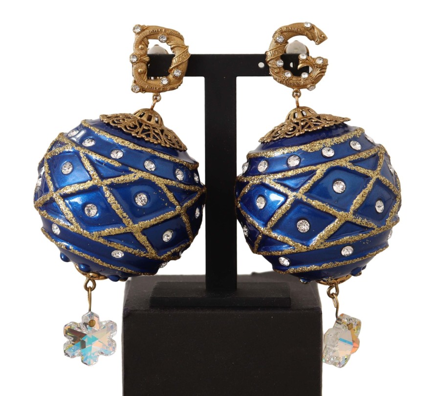 Women Dolce & Gabbana Women'S Earrings | Dolce & Gabbana Gold Brass Blue Christmas Ball Crystal Clip On Earring