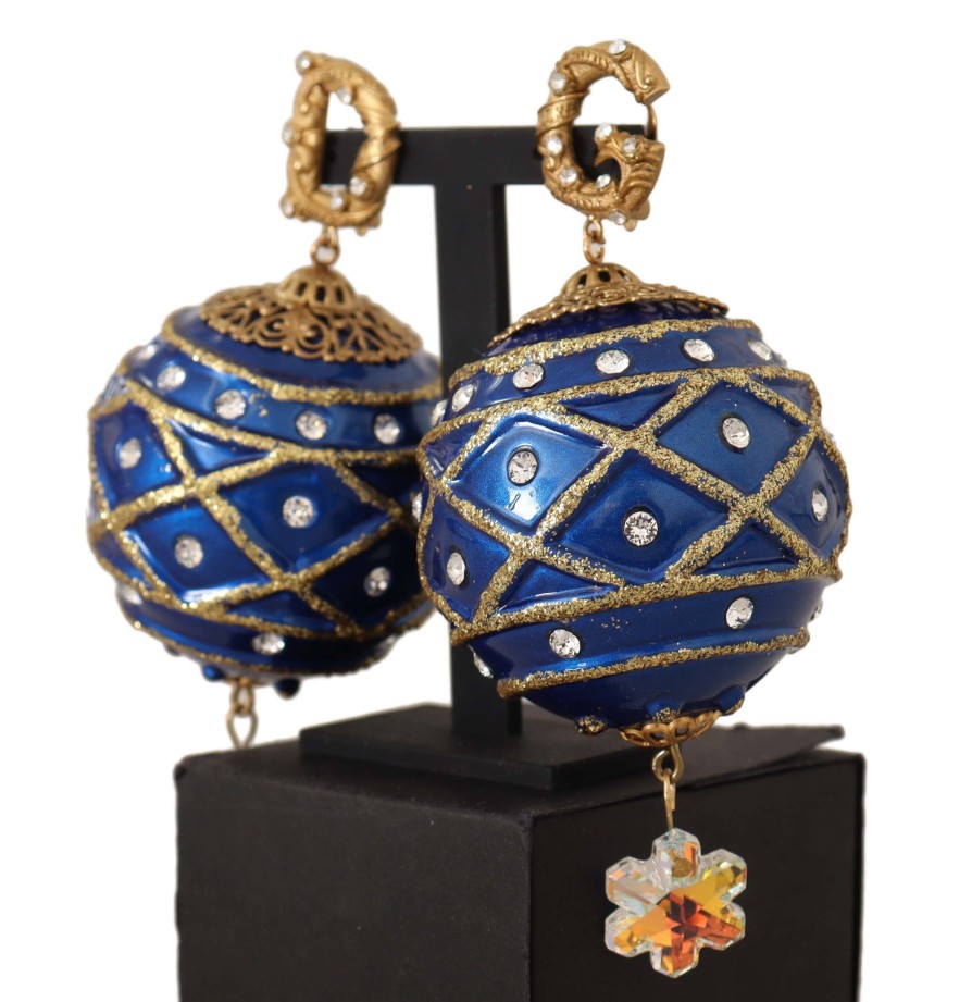 Women Dolce & Gabbana Women'S Earrings | Dolce & Gabbana Gold Brass Blue Christmas Ball Crystal Clip On Earring